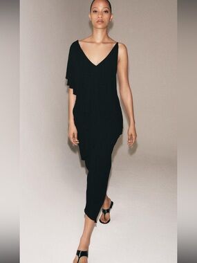 Zara Black One-Shoulder Asymmetrical Maxi Dress
